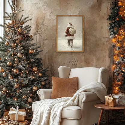 Framed Vintage Christmas Canvas Wall Art, Rustic Santa Claus Walking Snowy Wall Decor Paintings, Winter Holiday Aesthetics Pictures Print Christmas Home Decor for Living Room Bedroom 16x24inch