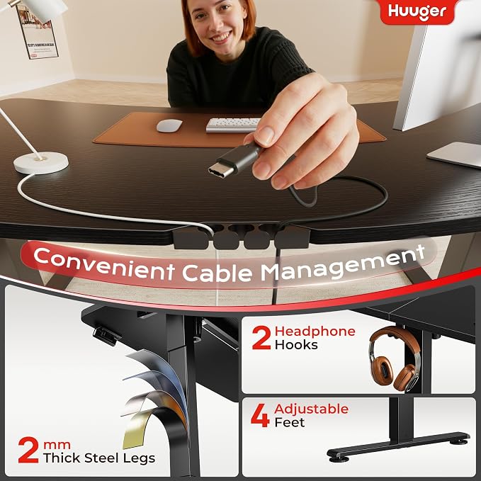 Huuger Electric Standing Desk with Power Outlets and USB-C Port, 55 X 24 Inch Height Adjustable Desk, Sit Stand Desk for Home Office, Computer & Gaming Desk with 4 Presets, Stable Steel Frame, Black