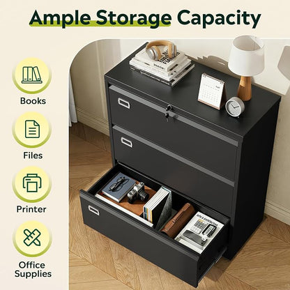 DEVAISE 3 Drawer Metal File Cabinet, Wide Lateral Filing Cabinet with Lock for Home Office Organization Hanging Files Letter/Legal/F4/A4 Size (Black, Assembly Required)