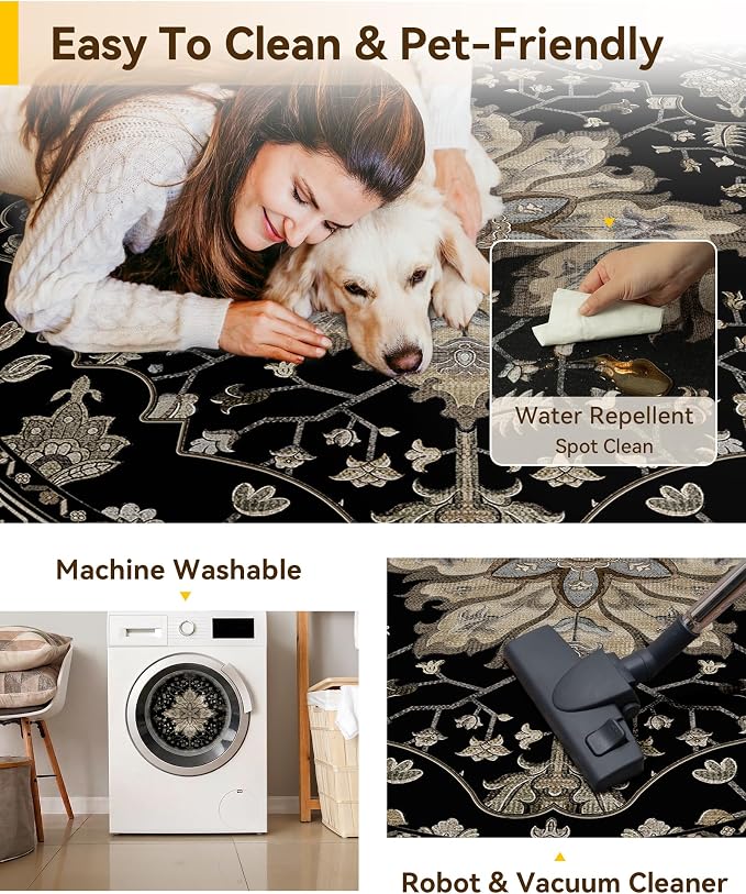RELEANY Area Rugs Round 8ft Washable Non-Slip, Floral Vintage Distress Medallion Carpet for Living Room Bedroom Dining Room, Black Brown Neutral Dark Tan