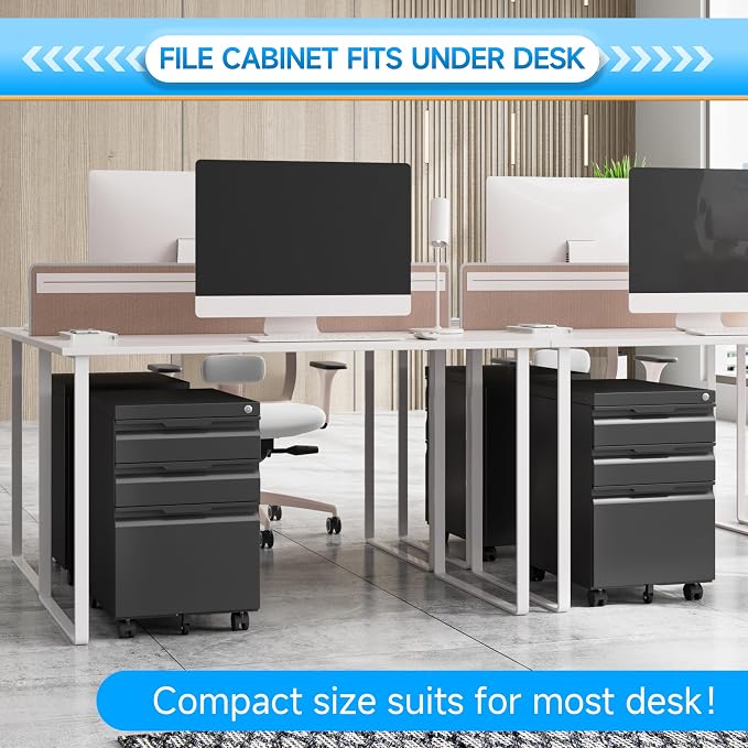 3 Drawer Mobile File Cabinet with Lock, Metal Filing Cabinet, Under Desk Rolling Small Filing Cabinet with Wheels for Home Office Storage, Fits Legal/A4/Letter/Document Size, Required Assembly, Black