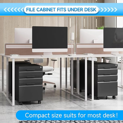 3 Drawer Mobile File Cabinet with Lock, Metal Filing Cabinet, Under Desk Rolling Small Filing Cabinet with Wheels for Home Office Storage, Fits Legal/A4/Letter/Document Size, Required Assembly, Black
