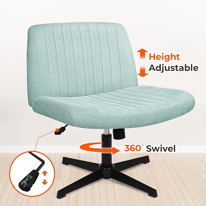 NEO Chair Criss Cross Chair No Wheel Vanity Desk Chair Wide Armless Cross Legged Office Comfy Makeup Adjustable Computer Task for Home Office Fabric (Mint)