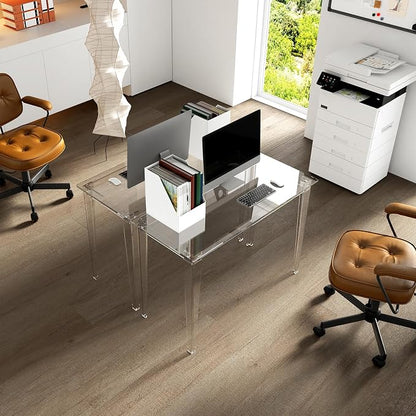 HMYHUM Acrylic Computer Desk, Modern Study Desk for Home, Office, Writing, Vanity, Easy Assembly Right-Angle Legs Design, Clear, 43.3" L x 19.7" W x 29.5" H