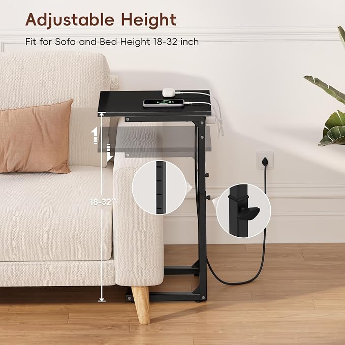 Vagusicc C Shaped End Table with Charging Station, 33"Tall C-Table End Table Adjustable Height Side Table for Couch, Couch Table That Slide Under Sofa Table TV Tray Table for Living Room,Bedroom,Black