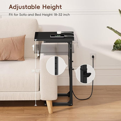 Vagusicc C Shaped End Table with Charging Station, 33"Tall C-Table End Table Adjustable Height Side Table for Couch, Couch Table That Slide Under Sofa Table TV Tray Table for Living Room,Bedroom,Black