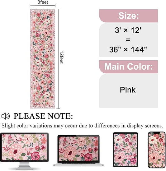 DUKINO 3x12 Washable Runner Rug, Non Slip Soft Floral Hallway Runner Rug with Non Shedding Design, Low Pile Long Floor Carpet for Kitchen, Hallway, Bathroom, Entryway, Laundry, Pink