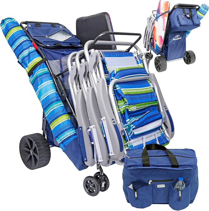 Ultimate Buggy Beach Cart with Big Wheels for Sand, Wide Wheel Wagon with Insulated Cooler Bag, Body Board and Umbrella Holder, 100 lbs Capacity