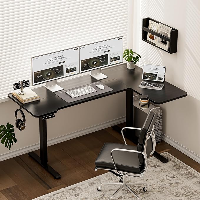 Acrolix L Shaped Electric Standing Desk - 51x31.5 Inch Reversible Corner Sit Stand Desk with Hook&Cup Holder,Electric Height Adjustable Table,for Small Home Office&Bedroom Computer Desk, Black