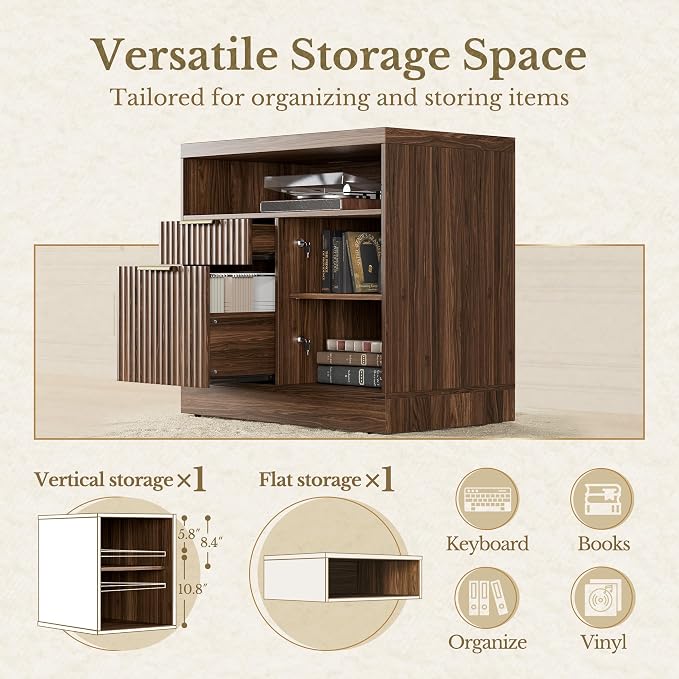 2 Drawer Fluted File Cabinet, 32'' Lateral File Cabinet with Lock and AC/USB for Letter/A4 Size, Wood Filing Cabinet with Storage Shelves for Home Office, Black Walnut