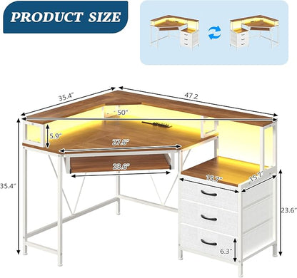 YOMILUVE Small Corner Desk with Drawers, Corner Gaming Desk with Power Outlets & Printer Shelf for Small Space, Triangle Computer Desk with LED Lights, Keyboard Tray and Monitor Stand, Brown and White