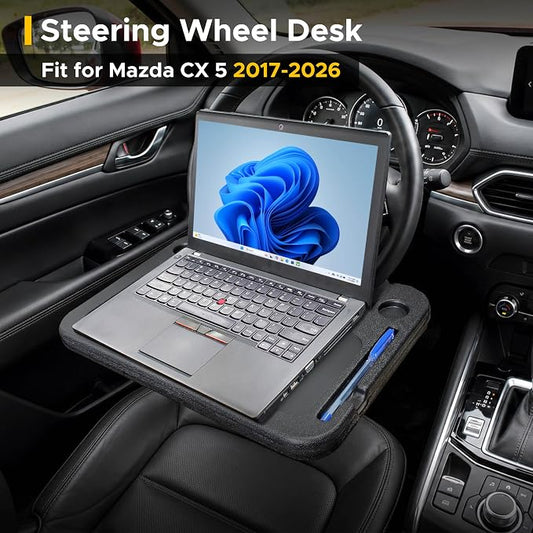 EcoNour Steering Wheel Desk for Mazda CX5 2017-2024 2025 2026 2-in-1 Car Tray Table Laptop Car Mount with Pen Holder Food Tray for Eating with Drinks Holder Multipurpose Travel Car Accessories