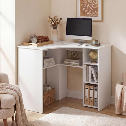 GOFLAME White Corner Desk with Charging Station, Small Corner Desk with Storage Shelves, Triangle Computer Desk, Study Writing Table for Home Office, Small Spaces