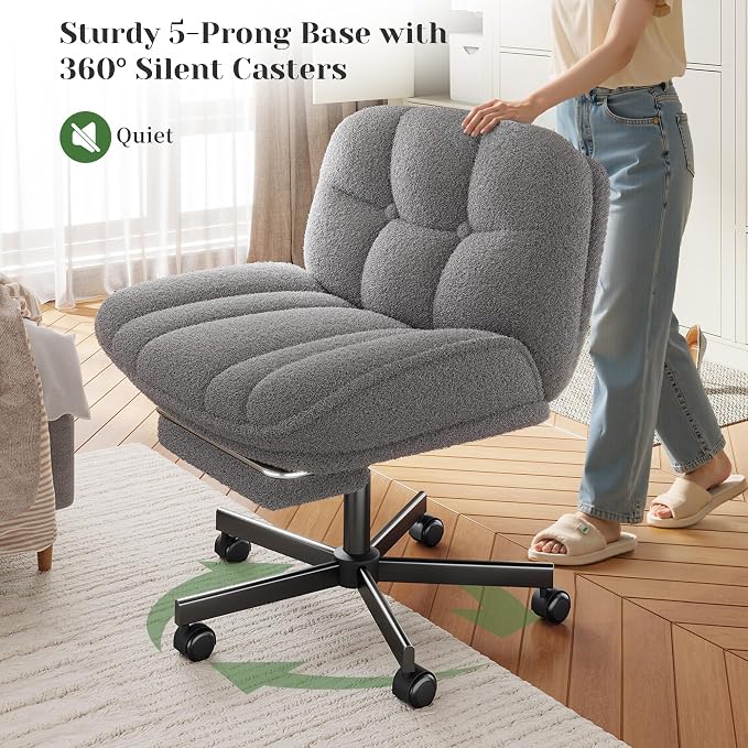 DurayLoly Cross Legged Office Chair with Foot Rest, 6.3" Thick Cushioned Criss Cross Chair with Wheels, Height Adjustable Swivel Vanity Chair for All-Day Comfort (Grey)