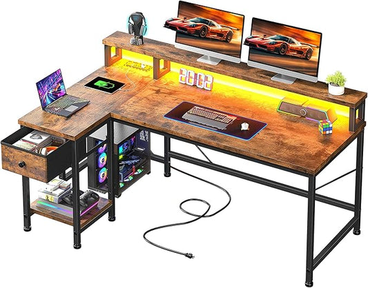 DurayLoly 48" L- Shaped Computer Desk with LED Light and Power Outlet, Reversible Home Office Desk With Drawer and Shelf, Gaming Desk with Monitor Stand for Gamer, Student, Bedroom, Small Space, Brown