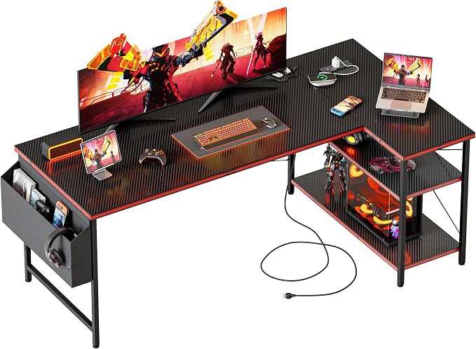 Mericonia Small L Shaped Computer Desk with Power Outlets, Reversible Gaming Desk with Storage Shelves, Corner Gamer Desk Table, Study Writing Table