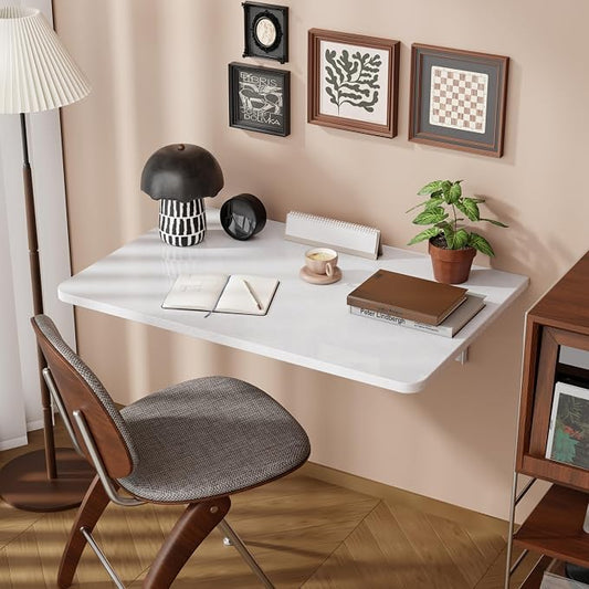 Dogsky Wall Mounted Folding Table (24x15.7 in) - 100LB Capacity Heavy Duty Wall Floating Desk, Space-Saving Workbench for Home Office, Laundry Room & Kitchen, White