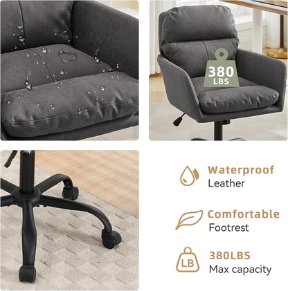 YITAI Adjustable Home Office Desk Chair with Comfy Square Mid-Back, Faux Leather 360 Swivel Upholstered Task Armchair with Wheels for Vanity Bedroom/Living Room,Study Gray