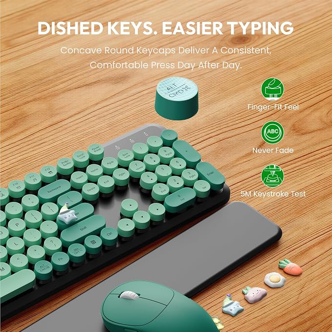 Wireless Keyboard and Mouse Combo - Cute Typewriter Keyboard with Detachable Wrist Rest, Retro Round Keycaps, Foldable Legs, 2.4GHz Keyboards for PC Laptop, Mac, Windows - Trueque (Black and Green)