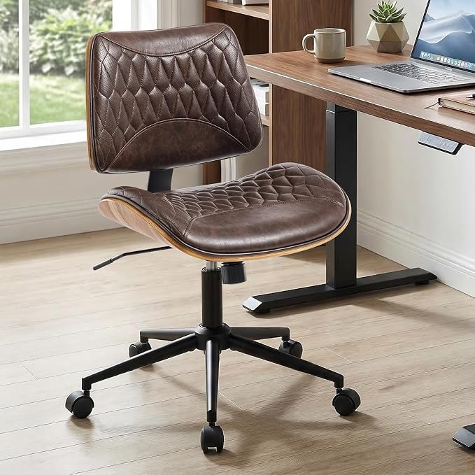 Walnut Bentwood Mid Back Armless Office Chair 1 Pack, Adjustable Height PU Leather Swivel Desk Chair with Wheels, Rolling Computer Task Chair for Home Office, Study, Meeting Room