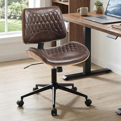 Walnut Bentwood Mid Back Armless Office Chair 1 Pack, Adjustable Height PU Leather Swivel Desk Chair with Wheels, Rolling Computer Task Chair for Home Office, Study, Meeting Room