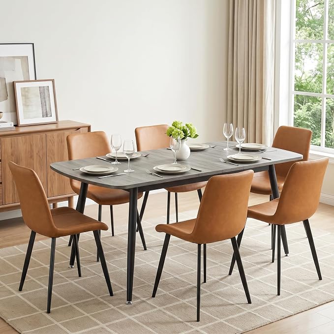 HIPIHOM 7-Piece Extendable Dining Table Set for 6, 55.1" to 70.87" Expandable Kitchen Table with 6 PU Leather Dining Chairs, Modern Wood Grain Top Furniture Set for Dining Room, Grey