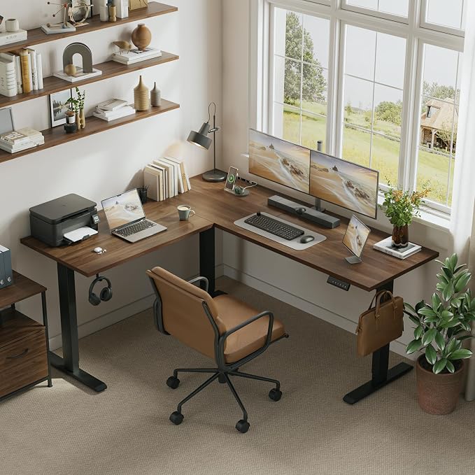 Klicelor L Shaped Standing Desk 75 x 61 Inch, Electric Height Adjustable Corner Desk for Home Office Workstation, Ergonomic Sit Stand Computer Table with Memory Controller, Dark Walnut