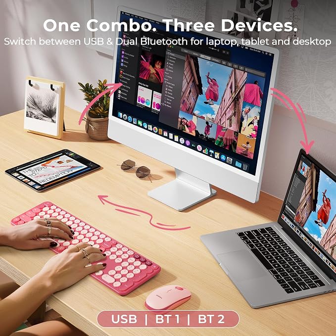 seenda Wireless Bluetooth Keyboard Mouse Combo, COE202 Retro Cute Round Keyboard, Silent Mouse, 3 Multi-Device Connection, Full Size Compatible for PC/Laptop/Mac/MacBook/iPad/Tablet, Pink