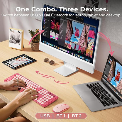 seenda Wireless Bluetooth Keyboard Mouse Combo, COE202 Retro Cute Round Keyboard, Silent Mouse, 3 Multi-Device Connection, Full Size Compatible for PC/Laptop/Mac/MacBook/iPad/Tablet, Pink