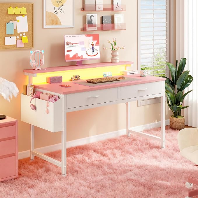 DurayLoly 39.4Inch Office Computer Desk with LED Lights & 2 Fabric Drawers, Gaming Desk with Side Pocket & Ergonomic Monitor Stand, Small Space Study Writing Table with Anti-Tip Design,Pink