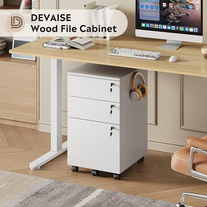 DEVAISE 3 Drawer Mobile File Cabinet with Individual Locks, Wood Filing Cabinet for Office, Under Desk Printer Stand with Wheels, Fits Letter/A4/Legal Size, White