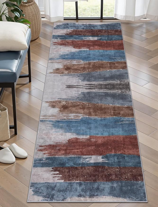 Ciicool 2x6 Washable Runner Rug, Modern Abstract Hallway Rugs Runner, Non-Slip Thin Accent Rug Lightweight Blue Brown Print Distressed Carpet for Laundry Entryway Bedroom Kitchen Indoor