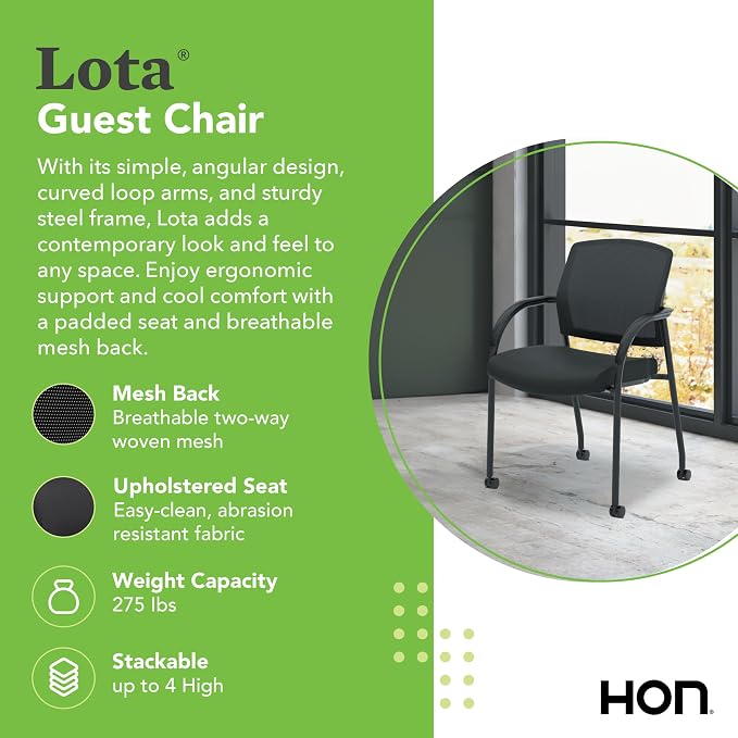 HON Lota Mesh Office Chair with Arms and Casters, Guest and Conference Desk Chair for Reception Areas, Waiting Rooms, and Offices, Fabric Seat, Stackable Design, Black