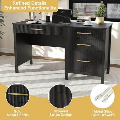 Modern Executive Desk with Drawers: 54 Inch Black Home Office Desks with File Drawer, Wood Fluted Desk with Storage, Writing Computer Desks with 4 Drawers