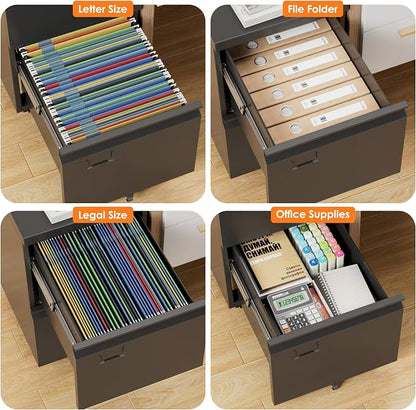 Aobabo 2 Drawer Metal File Cabinet with Lock, Black | Rolling metal cabinet for letter/legal files, under-desk storage, home offices, and business workspaces.