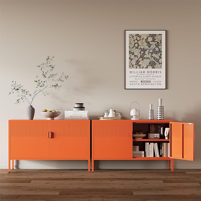 Orange Metal Storage Cabinet,2 Door TV Stand, Metal Mesh Accent Cabinet,Magnetic Door Closure,Low Storage Cabinets with Doors and Shelf for Home,Office,Living Room