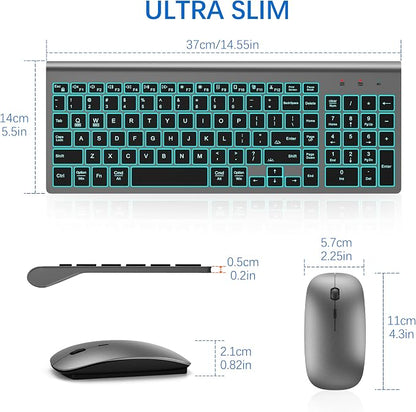 TopMate Wireless Backlit Keyboard and Mouse Ultra Slim Combo, 2.4G Silent Compact 2400DPI Mouse and Scissor Switch Keyboard Set, Batteries Included, for PC/Laptop/Windows/Mac/Gaming - BL Gray Black