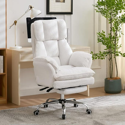 Cloud Cross Legged Office Chair with Footrest,Teddy Fleece Big and Tall Executive Ergonomic Chair, Flip Armrests for Pets,155° Reclining Computer Wide Desk Chair for Home,Office (White)
