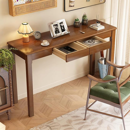 Solid Wood Desk with Drawers - 47 x 16 Inch Vintage Narrow Desks, Mid Century Modern Desks, Rubber Wood Study Table, Small Writing Desk for Bedroom|Small Spaces - Walnut Color