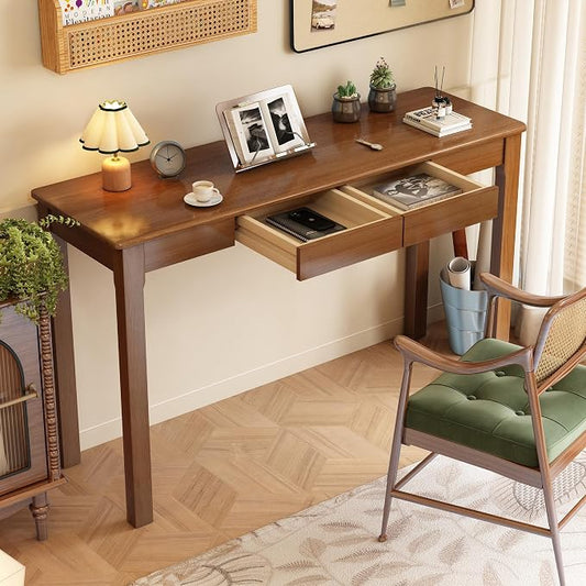 Solid Wood Desk with Drawers - 47 x 16 Inch Vintage Narrow Desks, Mid Century Modern Desks, Rubber Wood Study Table, Small Writing Desk for Bedroom|Small Spaces - Walnut Color