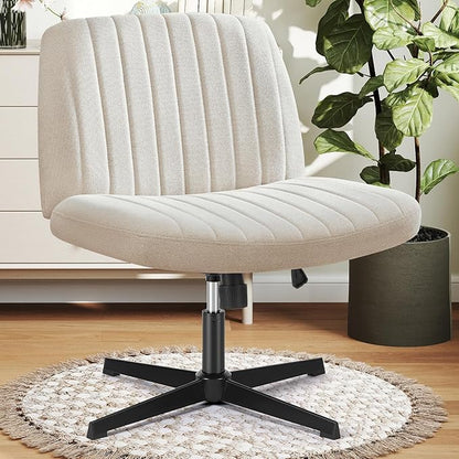 DUMOS Criss Cross Chair No Wheel Legged Office Wide Comfy Desk Vanity Chair, Armless Computer Task Seating PU Leather, Swivel Home Height Adjustable for Bedroom, Study, Beige Dual Base