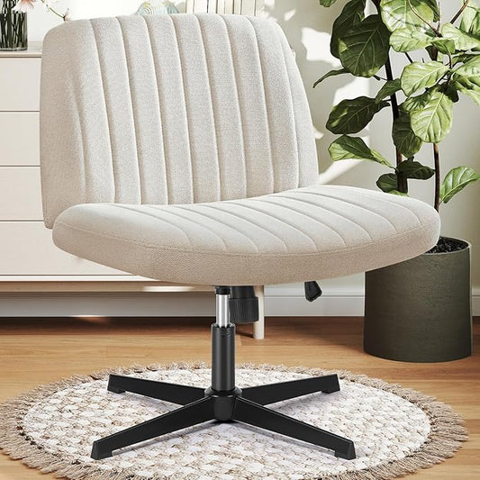 DUMOS Criss Cross Chair No Wheel Legged Office Wide Comfy Desk Vanity Chair, Armless Computer Task Seating PU Leather, Swivel Home Height Adjustable for Bedroom, Study, Beige Dual Base