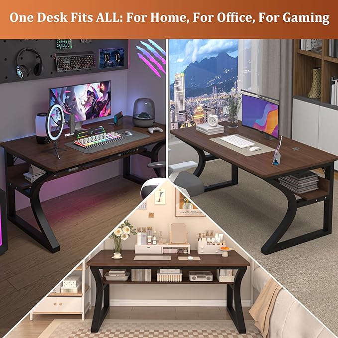 55 inch Computer Desk, Home Office Desk with Storage Shelf, Sturdy U-Shaped Metal Frame Study Table with Cable Management, Gaming Desk for Office & Bedroom (Deep Walnut, 55inch)
