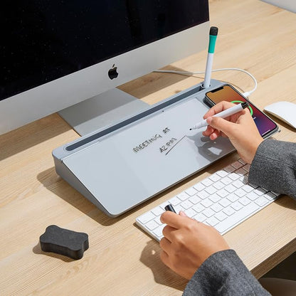 GAROOD Desktop Dry Erase Board with Storage Grey Color Desk White Board Desk Board Glass Desktop White Board with Stand Home Office Organizer Phone Holder 15.8X7X2 inches
