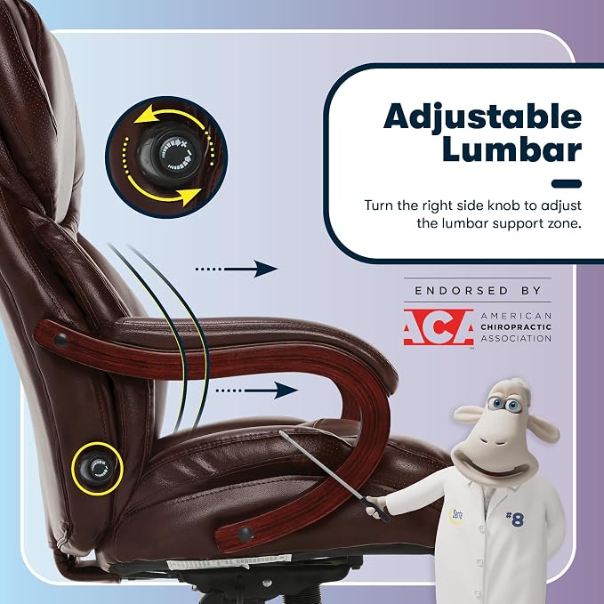 Serta Conway Big and Tall Executive Office Chair - Ergonomic Lumbar Support, Bonded Leather, Padded Armrests, High Back Computer Desk Chair, Chestnut Brown