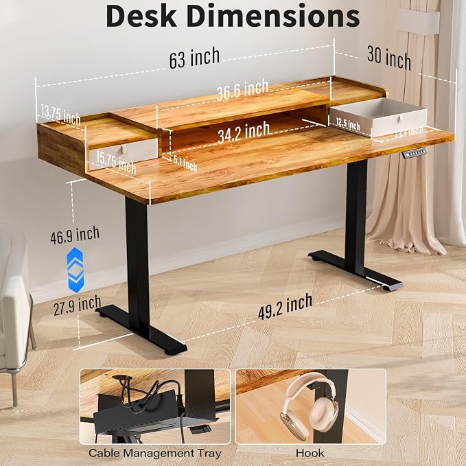 Kingant 63 x 30 Inch Electric Standing Desk with Dual Drawers, Adjustable Height Computer Desk for Home Office, Large Workstation Sit Stand Up Desk with Built-in Storage Shelf, Light Rustic Brown