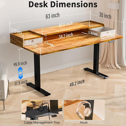 Kingant 63 x 30 Inch Electric Standing Desk with Dual Drawers, Adjustable Height Computer Desk for Home Office, Large Workstation Sit Stand Up Desk with Built-in Storage Shelf, Light Rustic Brown