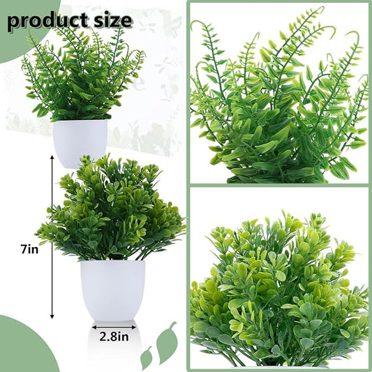 GREENTIME 2 Pack Small Fake Potted Plants for Home Decor Faux Eucalyptus Plant in White Pot Artificial Mini Fern Greenery for Bathroom Shelf Indoor Office Desk Living Room Kitchen Decorations