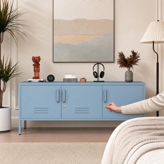 Blue Industrial Metal TV Stand with Lockable Storage Cabinet, Wide 3-Door Media Console, Adjustable Shelves, Multipurpose Accent Cabinet for Living Room Bedroom Home Office