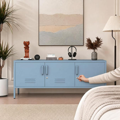 Blue Industrial Metal TV Stand with Lockable Storage Cabinet, Wide 3-Door Media Console, Adjustable Shelves, Multipurpose Accent Cabinet for Living Room Bedroom Home Office
